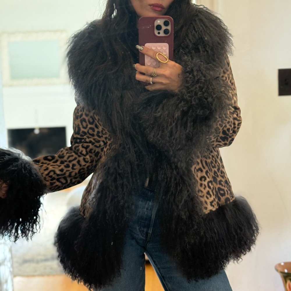 KONG Leopard Suede Mongolian Lamb Trim Jacket - Charcoal- Size S - Picture 2 of 11